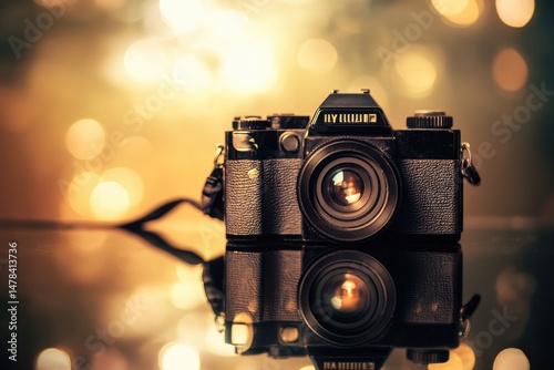 Vintage camera on a reflective surface