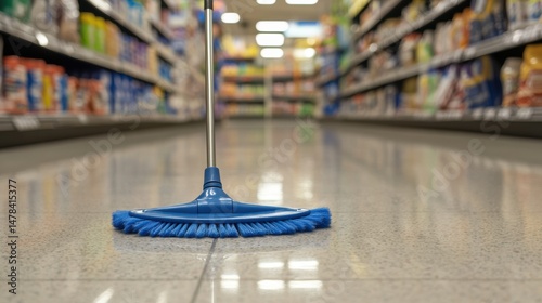 Cleaning Tool on Supermarket Floor with Shelves Filled with Products