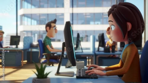 Animated office environment featuring people working at computers in a modern workspace