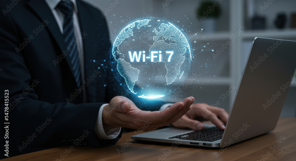Obraz premium Wi-Fi 7: Next-Gen Wireless Globe. Business Connecting the World With Faster Internet Speed on Laptop, Tech, Network, and Global Connectivity