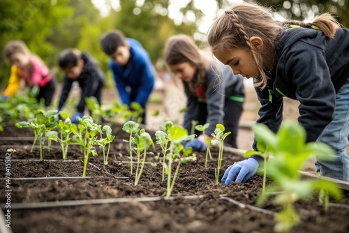 group of children planting young seedlings in garden beds outdoors with focused expressions