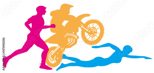 Vector illustration of motorbike racing and swimming marathon, flat design