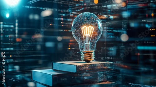 Educational concept: cap and light bulb on books, futuristic icons of learning and innovation in classroom setting generative ai
