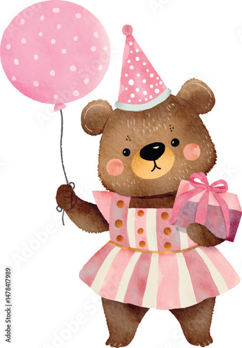 Pink girl teddy bear holding a balloon and a gift on white background with watercolor technique, animal watercolor illustration, baby shower decor, birthday party graphic