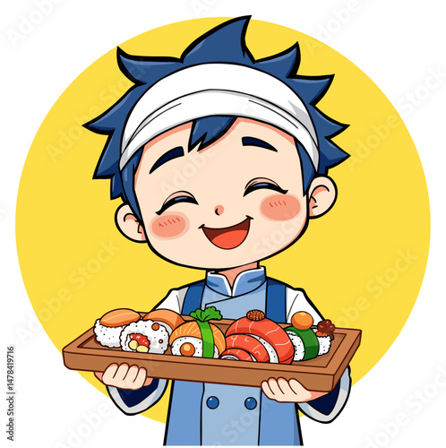 A happy sushi chef proudly presenting a tray full of colorful sushi pieces.