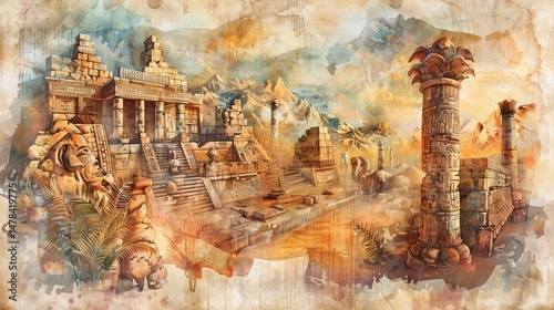 watercolor history timeline with ancient ruins and scrolls .