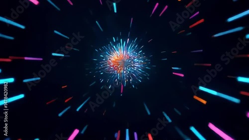 A dynamic video featuring colorful light streaks radiating outwards from a central, glowing sphere against a dark background, creating a sense of speed and movement through space or a digital network.