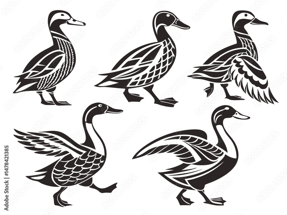 Fototapeta premium Stylized Duck Vector Set – Black and White Illustrations in Folk and Vintage Style