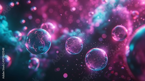 3d illustration of an abstract atom or molecule structure background, scientific and medical concept with glowing particles and network connections.