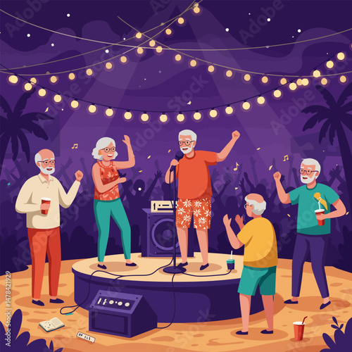 Seniors Enjoying Beach Party with Music and Dancing Under Lights