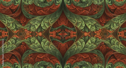 Symmetrical fractal art with green and red leaflike shapes forming a complex pattern