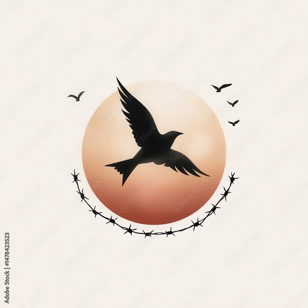 Fototapeta premium A bird silhouette flies in front of a sunset with barbed wire below, symbolizing freedom and barriers.