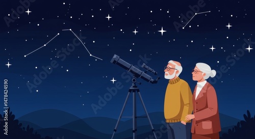 Senior Couple Stargazing Together Through Telescope Under Night Sky Full of Stars