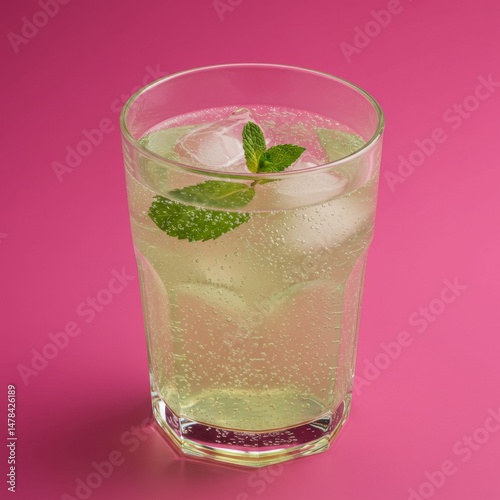 Refreshing Green Mint Drink with Ice in Glass on Pink Background photo