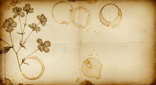 Vintage Floral Illustration on Aged Paper with Coffee Stains