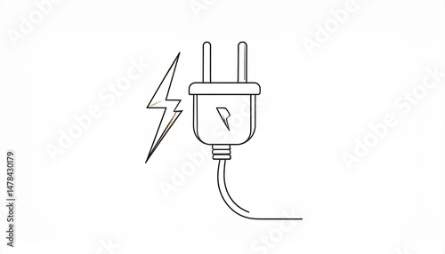 Minimal Line Drawing of Power Plug with Lightning Symbol – Energy, Electricity, and Modern Connection Concept

