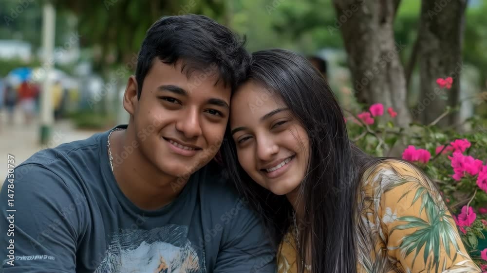 Cheerful couple resting together on a park bench among vibrant pink flowers on an overcast day smiling into the camera. Cheerful couple resting together on a park bench among vibrant pink flowers on an overcast day smiling into the camera.