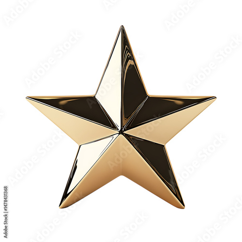 A shiny golden star with sharp points isolated against a solid transparent background in a studio shot