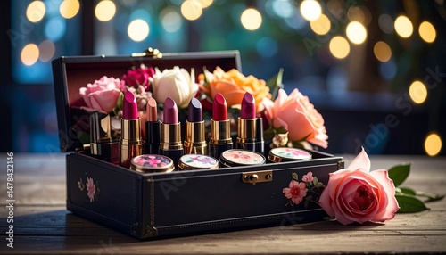 Vintage Lipstick Collection in Floral Box on White Vanity Table


