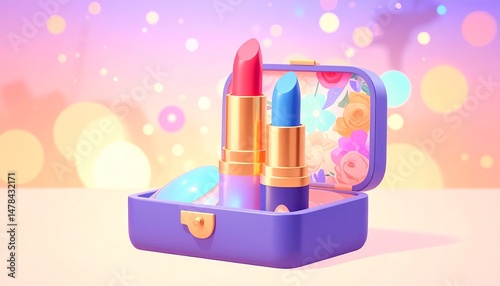 Vintage Lipstick Collection in Floral Box on White Vanity Table

