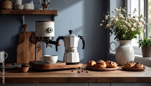 Cozy Morning Coffee Setup with Muffins in a Bright Kitchen

