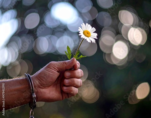 Hope and Freedom Concept – Hand Holding Daisy Flower with Handcuffs in Vibrant Night Market

