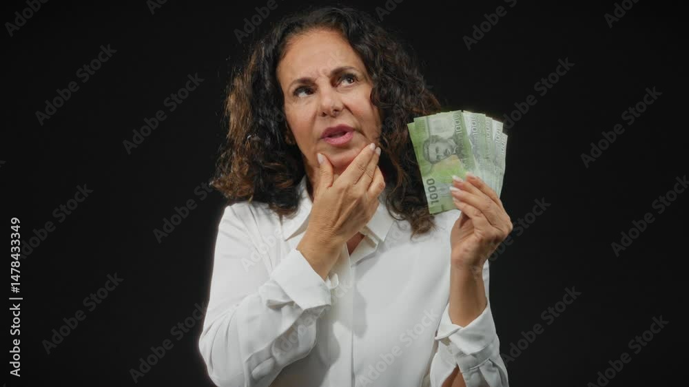 Woman holding chilean peso banknotes over black background, expressing thoughtful contemplation in financial context, highlighting middle-aged concerns about money and decision-making. Woman holding chilean peso banknotes over black background, expressing thoughtful contemplation in financial context, highlighting middle-aged concerns about money and decision-making.