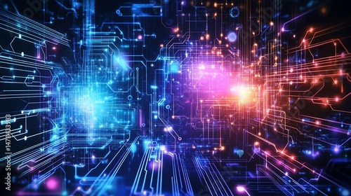 Abstract Technology Background with Circuit Board Pattern and Glow Effects