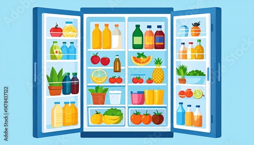 Organized Refrigerator Full of Fresh Juices, Milk, and Produce – Clean and Healthy Food Storage Concept


