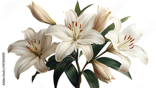 A beautiful arrangement of white lilies with green leaves and red stamens on a white background