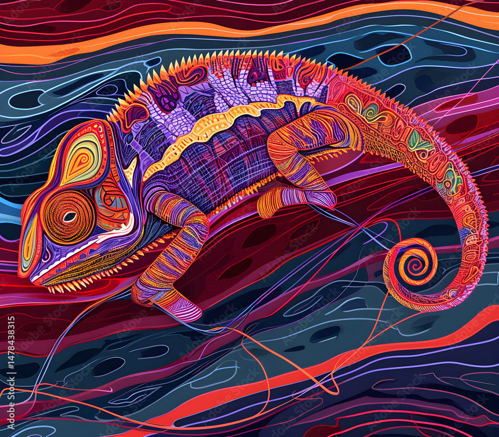 Fototapeta premium an abstract drawing of a Chameleon with colorful lines, precisionist lines, light red and indigo, colorful turbulence with mixed pattern colorful background