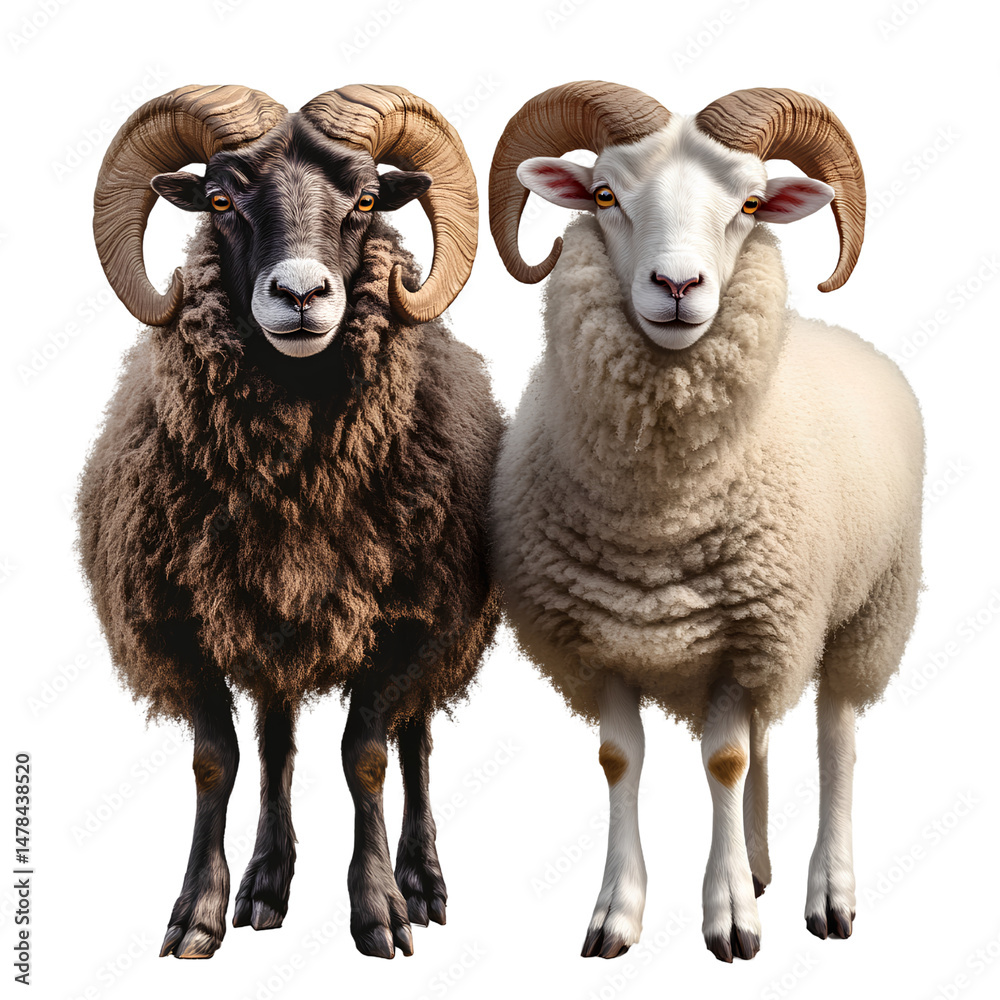 Fototapeta premium Black and White Rams with Curved Horns Isolated on Transparent Background – High-Resolution Livestock Image