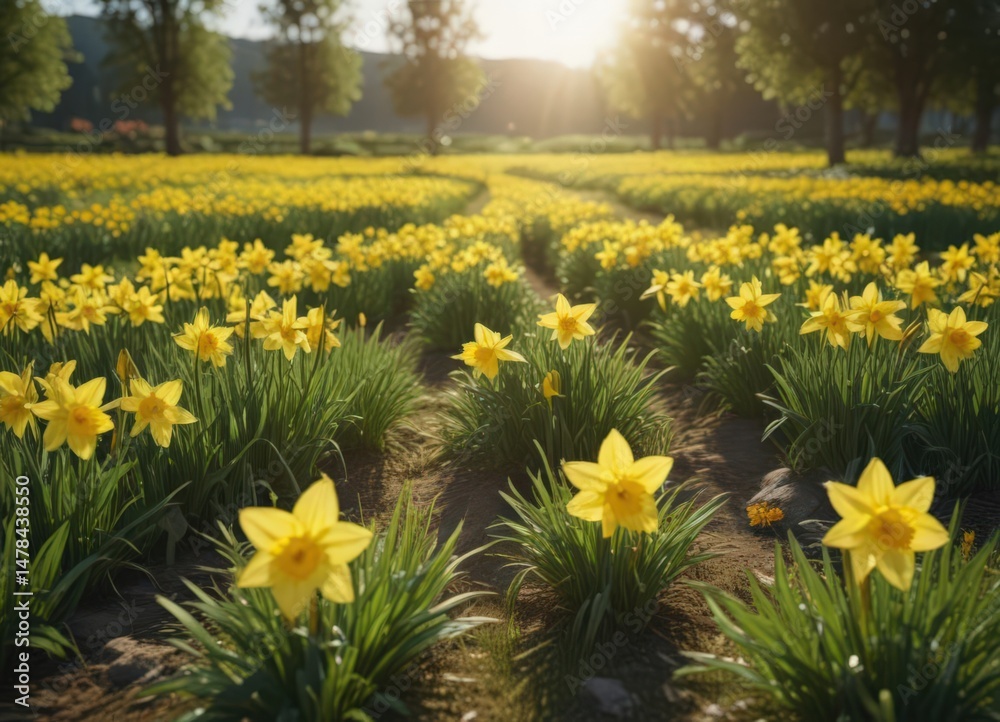 Obraz premium Sunlit daffodil field, vibrant yellow blooms, lush green grass, green, sunny, close-up
