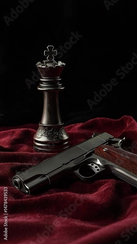 The King's Gambit: A striking contrast of power and strategy, with a chess king piece and a handgun laid on a rich velvet fabric. A thought-provoking still life.