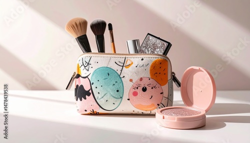 Elegant makeup bag filled with cosmetic brushes and accessories placed on a wooden table with soft bokeh lights in the background — ideal for beauty, skincare, and fashion lifestyle content

