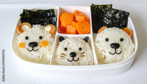 Adorable bento lunch box featuring rice shaped into cute animal faces with seaweed details and carrot slices — perfect for food art, kids’ meals, and Japanese-inspired cuisine

