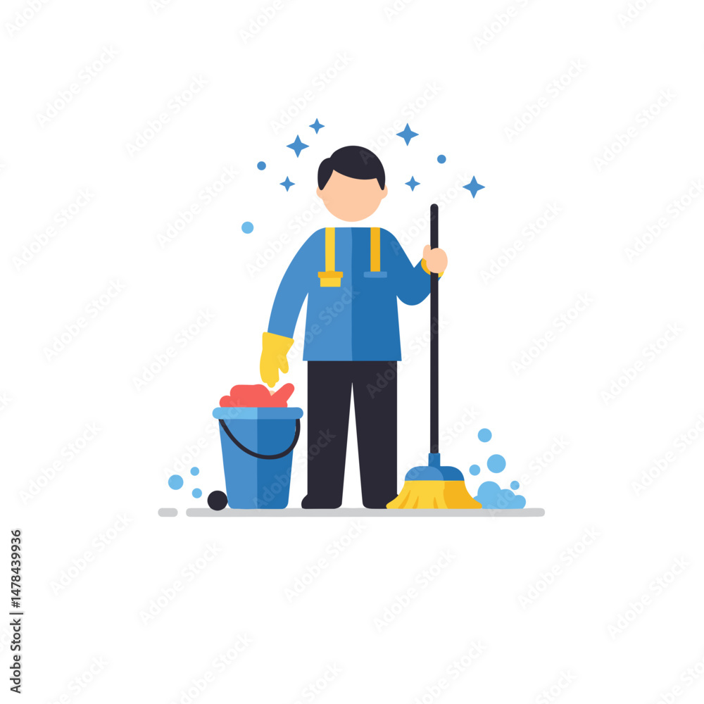 Fototapeta premium Janitor Cleaning Icon. Vector Illustration. Broom and Bucket. Bright Environment. Summer Job, Work concept. Employment, Career, Cleaning Services, Maintenance