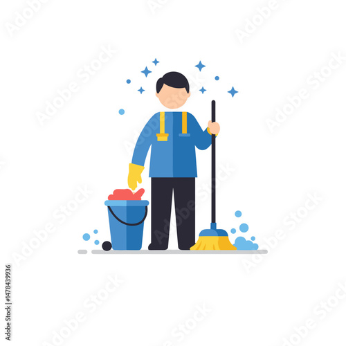 Janitor Cleaning Icon. Vector Illustration. Broom and Bucket. Bright Environment. Summer Job, Work concept. Employment, Career, Cleaning Services, Maintenance