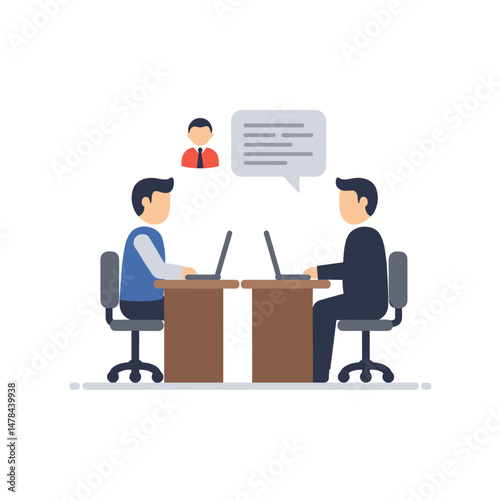 Job Interview. Man Interviewing Man at Desks with Laptops in Neutral Setting. Hiring, Recruitment concept. Employment, Career, Business, HR