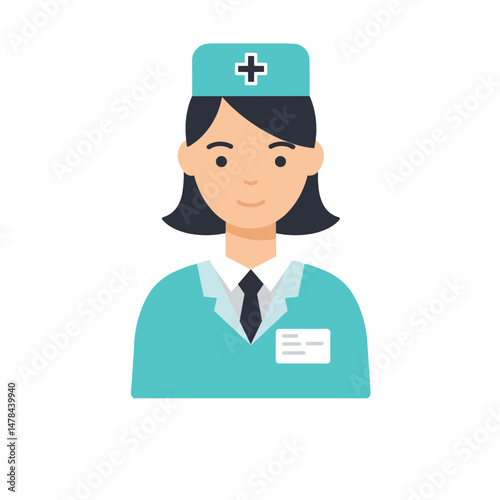 Nurse Cartoon Icon. Smiling, Blue Uniform. Vector Illustration. Summer Job, Healthcare Work. Employment, Career, Medical Staff, Nursing, Work  