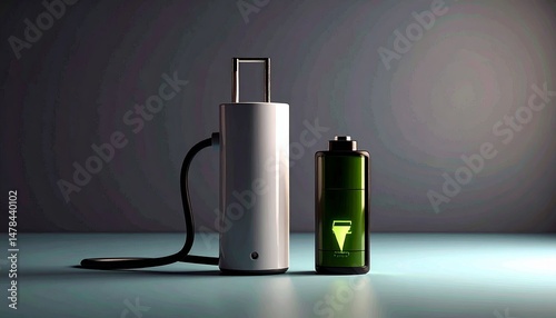 Realistic 3D rendering of two battery icons with a power plug — one showing full charge, the other in charging state — perfect for concepts related to energy storage, battery technology, 