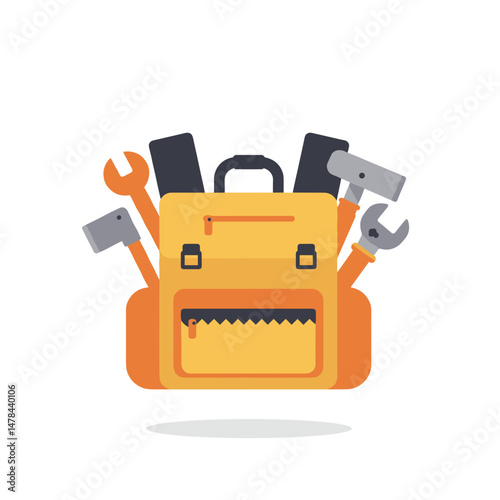 Tool Backpack Icon. Vector Illustration. Filled with equipment. Summer Job, Work, Tools concept. Repairs, Maintenance Symbol, Labour, Service Icon