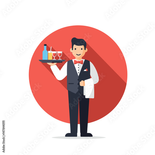 Waiter Icon. Vector Illustration. Holding tray with drinks, circular background. Summer Job, Hospitality, Service Industry concept. Restaurant, Food Service Symbol, Bar Staff, Work