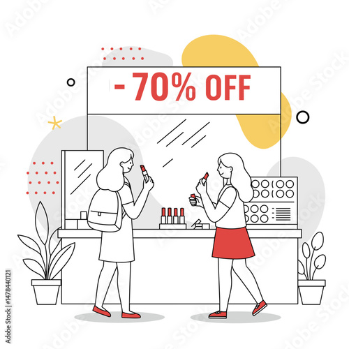 Two Teenage Girls shopping for makeup on sale during discount event. Sale, Discount event, Retail, Beauty Shopping concept. Advertising, Marketing, Beauty, Retail, Shopping, Youth, Lifestyle