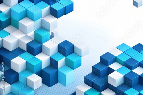 Abstract 3D cube mosaic in blue and white technology concept with copy space