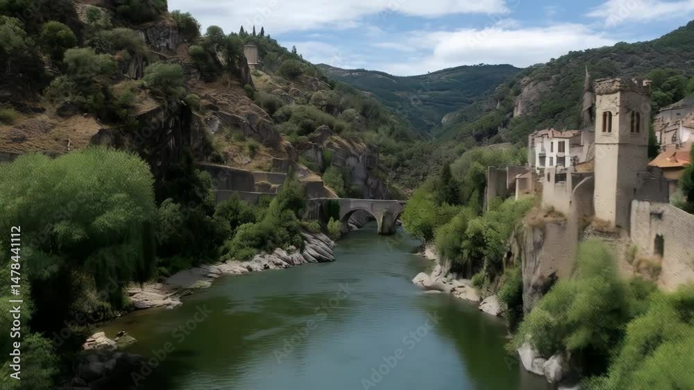 Scenic river flowing through a green valley, lined with an ancient castle and a stone bridge in daylight, creating a calm, peaceful landscape. Scenic river flowing through a green valley, lined with an ancient castle and a stone bridge in daylight, creating a calm, peaceful landscape.