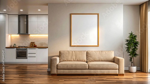 Wallpaper Mural Modern apartment interior design showcasing beige sofa, wooden floor, and minimalist kitchen with blank canvas artwork Torontodigital.ca