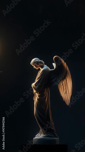 Serene Guardian: A majestic sculpture of an angel, bathed in ethereal light, stands as a symbol of hope and tranquility, its graceful form rendered in intricate detail against a dark backdrop.