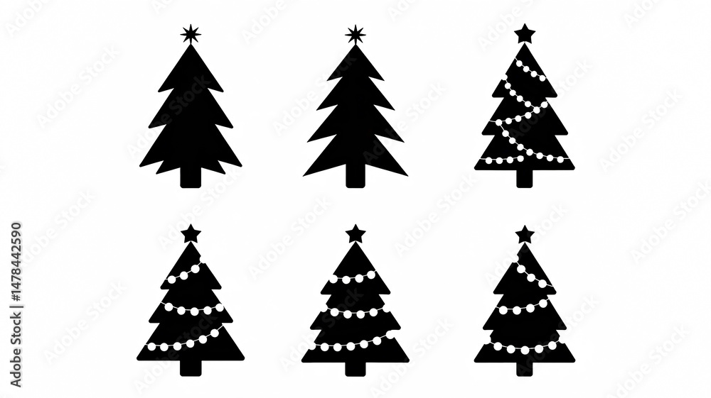 Obraz premium Enchanting Black and White Christmas Tree Silhouettes with Sparkling Festive Lights