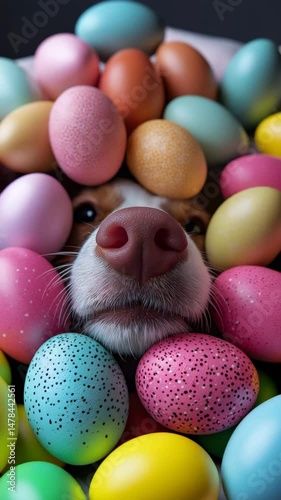 Easter Pup's Colorful Discovery: A playful close-up reveals an adorable canine peeking through a vibrant assortment of painted eggs, its nose nestled amongst the pastel hues of the holiday.